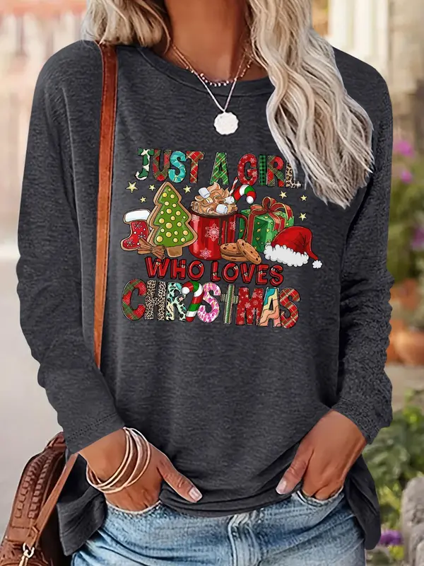 Women's Christmas Themed T-shirt, Casual Letter Print Long Sleeve Round Neck Tee for Daily Wear, Ladies Fall & Winter Clothes 2