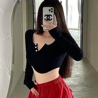 Gambar 【Premium】Women's Rib V Neck with Button Long Sleeve Crop Top T-Shirt 2814 (S/M/L) - Black, S dari 99koutlet Kab. Tangerang 2 Tokopedia