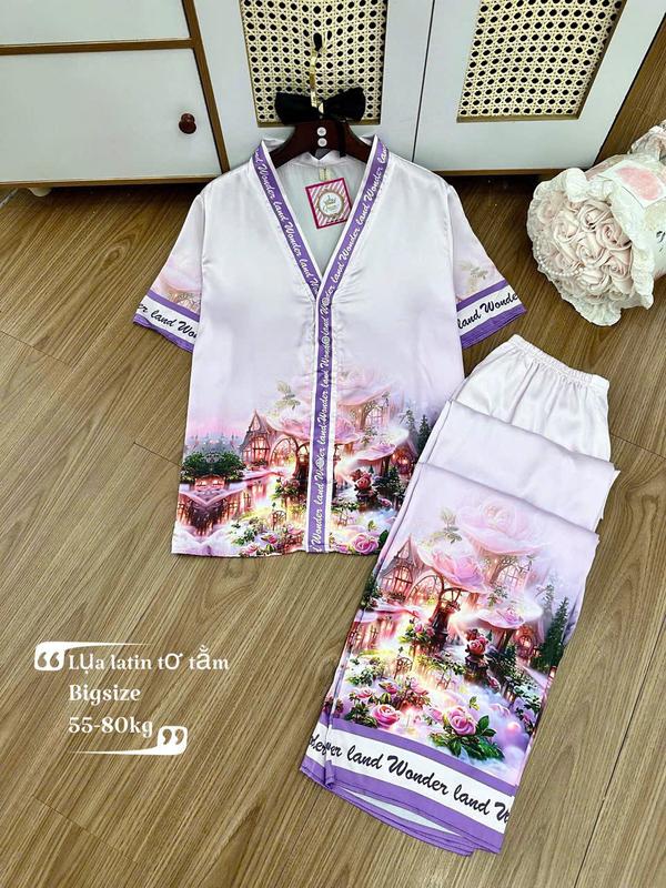 Size 60-75KG- Bigsize Bộ Lụa Latin Tơ Tằm Cổ Tim Tay Ngắn Quần Dài In 5D TNQD Mềm Mát Mặc Nhà Cao Cấp Women Nữ 8