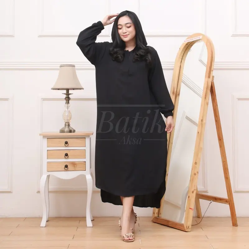 Yesha Seck Dress Hoodie Muslim Wanita Outfit Hijab Bahan Crinkle Airflow Resleting Busui By Batik Aksa Polos gamis 5