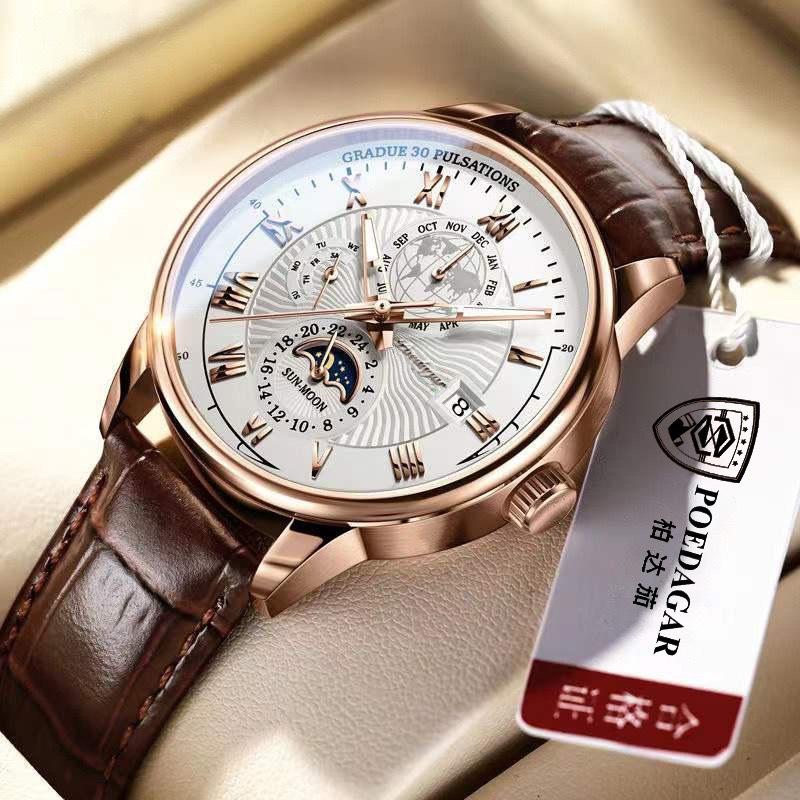 Đồng Hồ Poedagar Chính Hãng Size Mặt 38 Dây Da Cao Cấp Watch Nam Đeo Tay