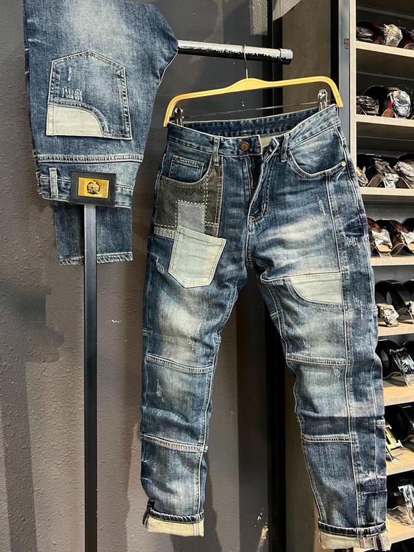 [ Jean Denim Guangzhou TC3028 ]  Quần Jeans Nam Xanh Đậm Vá Ghép SS24 Túi Đắp Vá J3567
