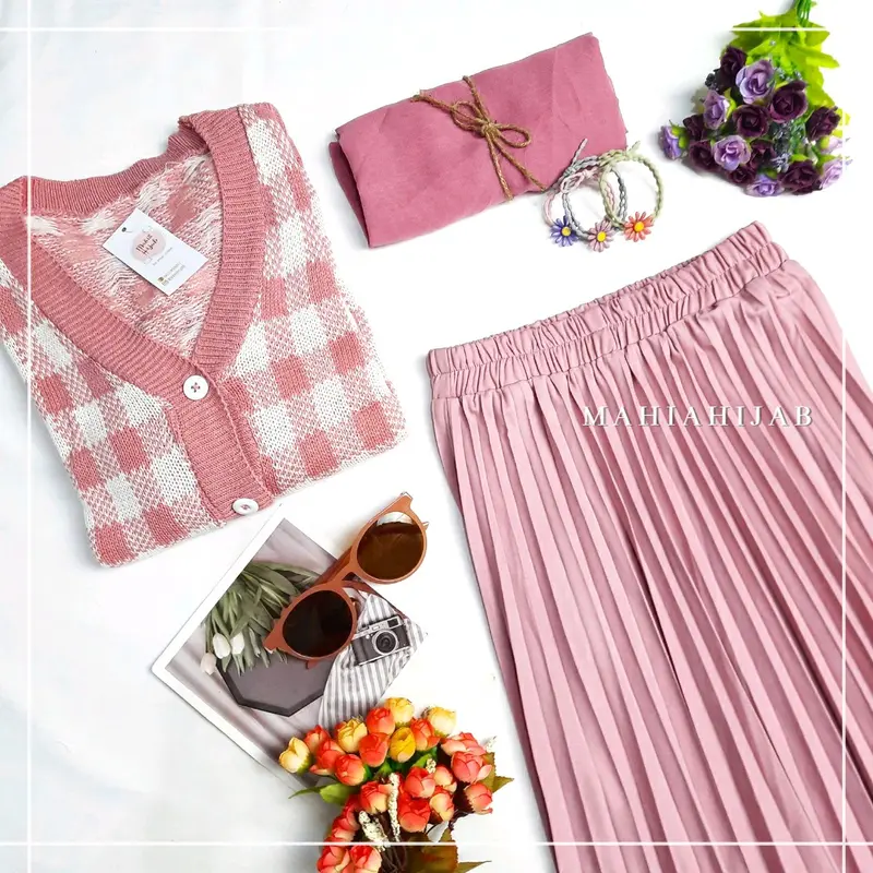 4in1 Setelan lengkap Yeji Cardi ( Cardi + Rok + Hijab ) Outfit Rajut Korean Style 0