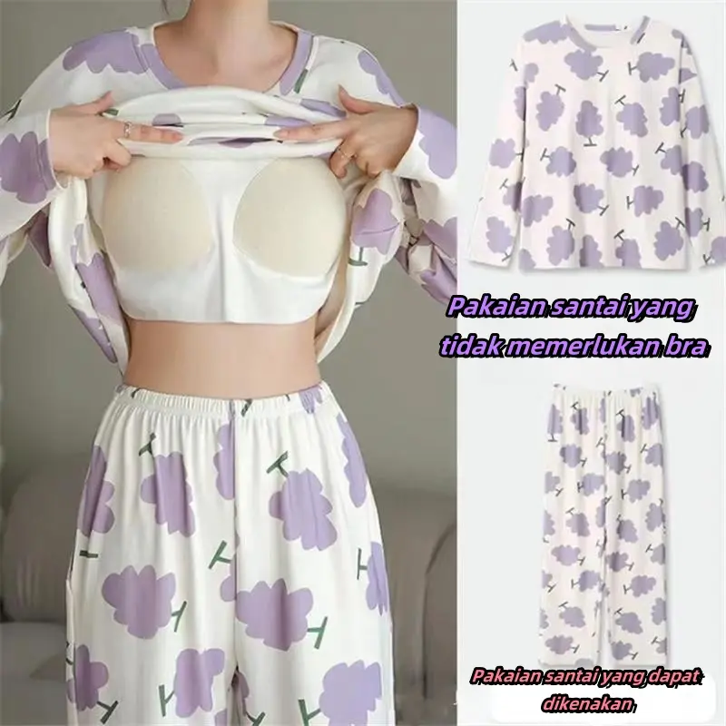 The new model has its own chest pad pajamas for women's autumn and winter long-sleeved trousers, sweet, small, fresh and anti-bumping loungewear set, two pieces. Nightwear Womenswear