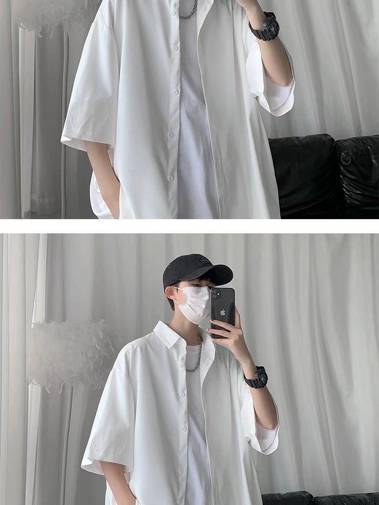 Product Introduction of Shirt Men's Short-Sleeved Summer Ice Silk Thin Men's Shirt Ins Hong Kong Style Ruan Handsome Solid Color All-Match Fashion Brand Top Clothes 7