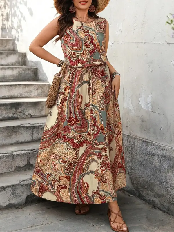 【Plus Size】 All Over Paisley Print Belted Dress, Boho Fashion Casual Round Neck Sleeveless Dress for Daily Holiday Vacation Wear, Women Plus Clothing for Summer 2