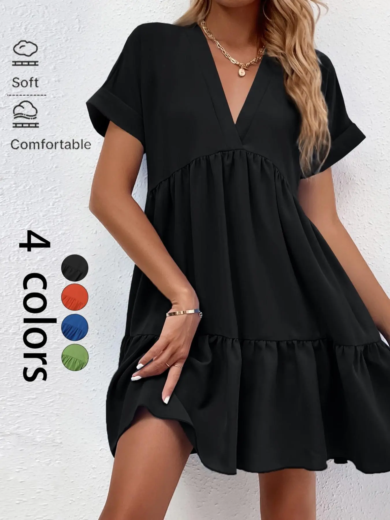 Women's Plain Short Sleeve V Neck Ruffle Hem Smock Dress, Black Tiered Mini Short Tunic Dresses for Outdoor Vacation Holiday, Ladies Summer Clothes