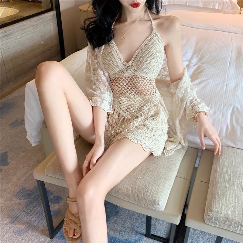 09-Set đồ bơi bikini len móc 3 chi tiết gồm áo choàng,quần sóc và áo bra tua rua hàng QC MS 003