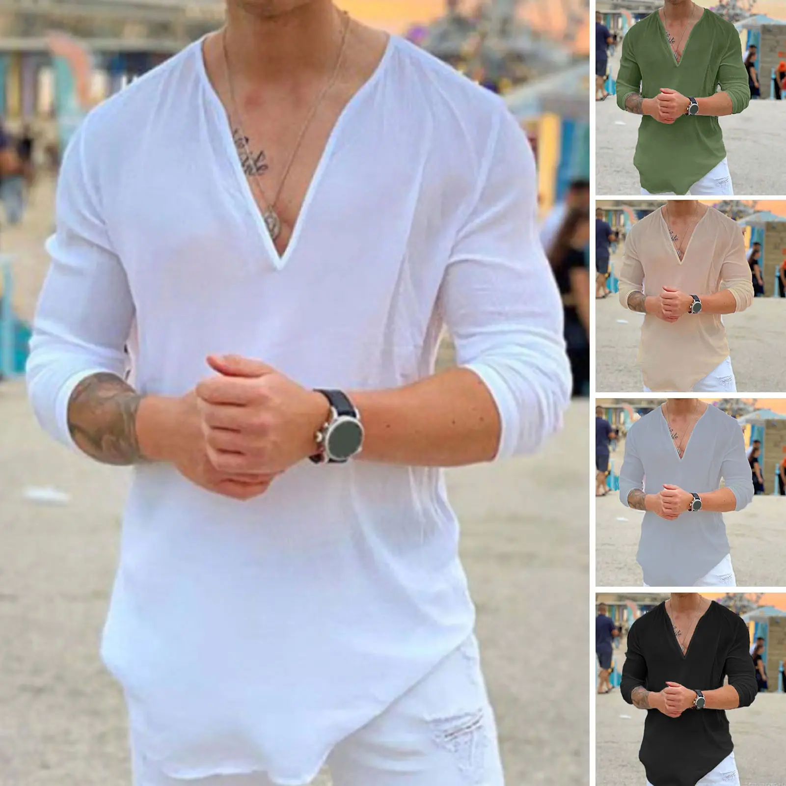 AHnitvang-Summer Men T-Shirt Sweat Absorption Solid Color Three-quarter Sleeves V-Neck Loose Fit Shirt Top Streetwear for Men