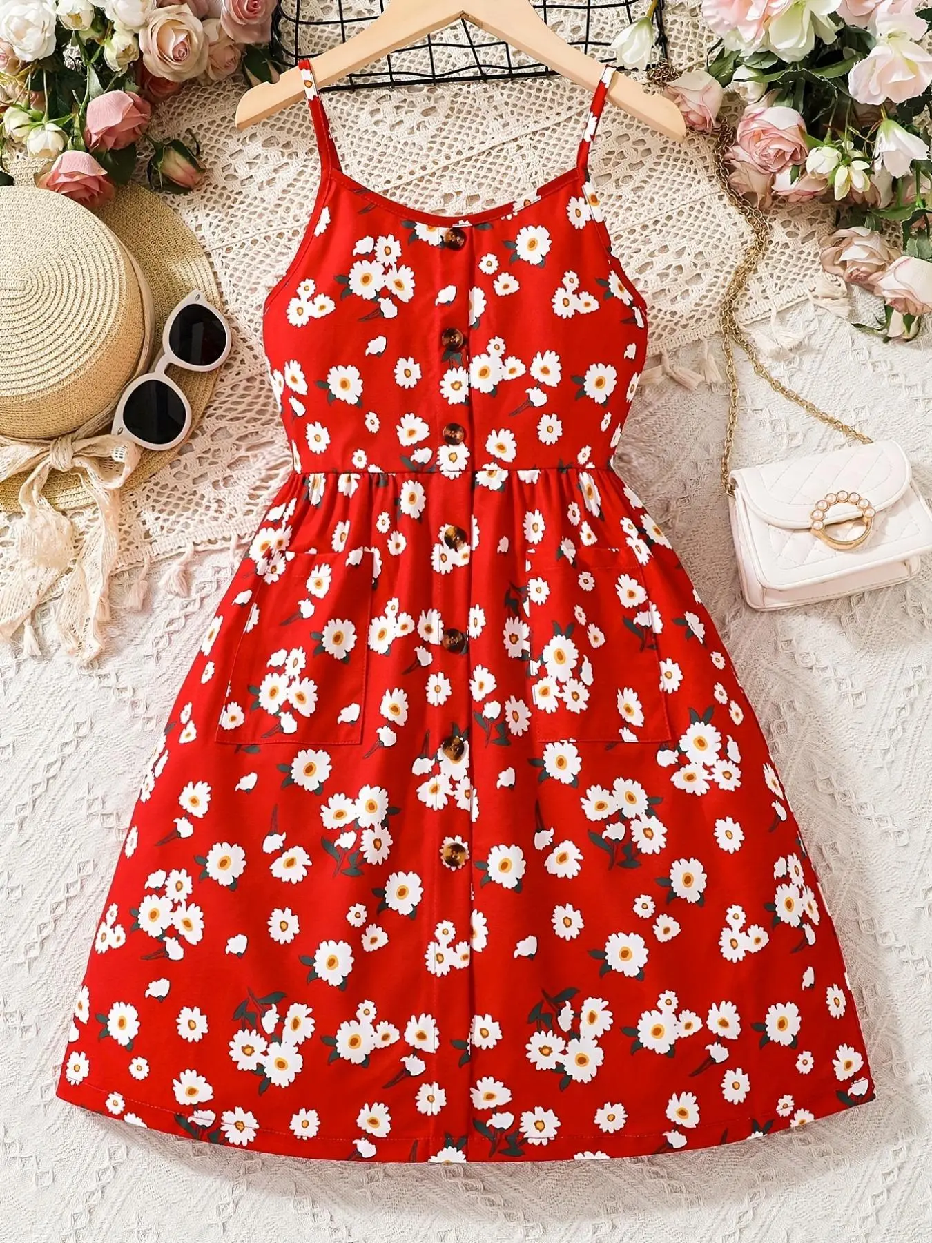 Girl's Ditsy Floral Print Button Decor Cami Dress, Casual Sleeveless Spaghetti Strap A Line Dress for Summer, Kids Clothes for Daily Wear