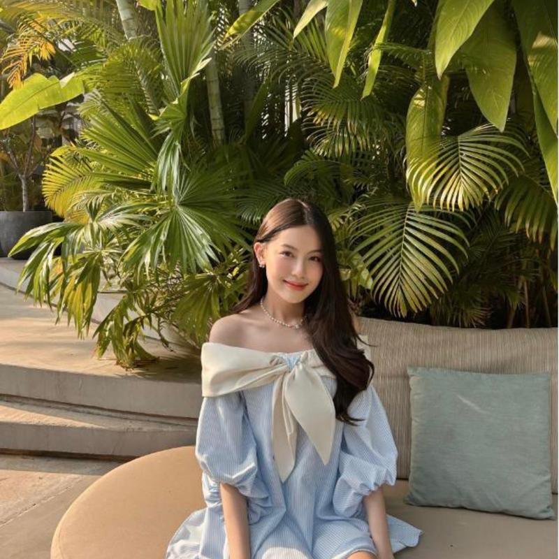  Váy babydoll đi biển xinh trễ vai 2 lớp tay bồng bo chun nơ ALMA DRESS 