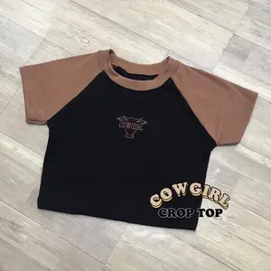 Croptop Remaja Wanita Rib Halus Cowgirl Baju Fit Kaos Atasan Tshirt Tee