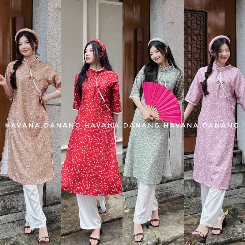  Áo dài cách tân nữ hoa nhí tay lửng viền cúc tàu đính nơ kèm mấn cùng màu áo HAVANA AD19 