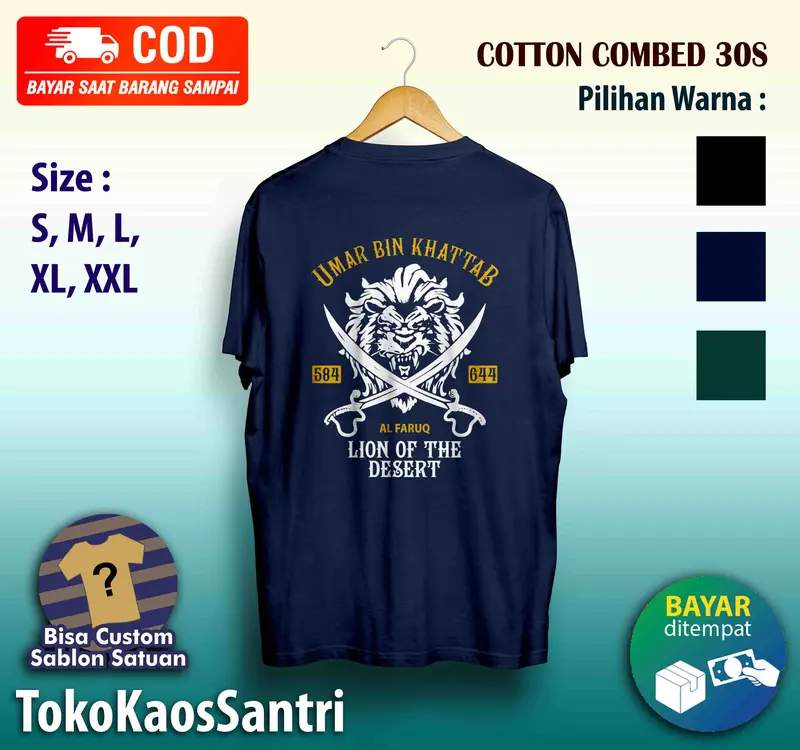 kaos distro santri Umar bin Khattab The lion of the desert Katun Santai dakwah muslim islami fashion terbaru viral tshirt cotton combed polos kata-kata Hitam Navy Custom Hijau 6