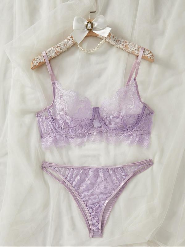 Plus Size Sheer Scallop Trim Sexy Lace Lingerie Set, Sexy Push Up Bra & Cut Out Thong Set, Women's Lingerie Set for All Seasons 2