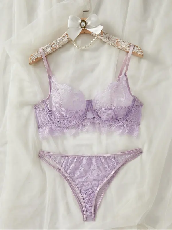 Plus Size Sheer Scallop Trim Sexy Lace Lingerie Set, Sexy Push Up Bra & Cut Out Thong Set, Women's Lingerie Set for All Seasons 2