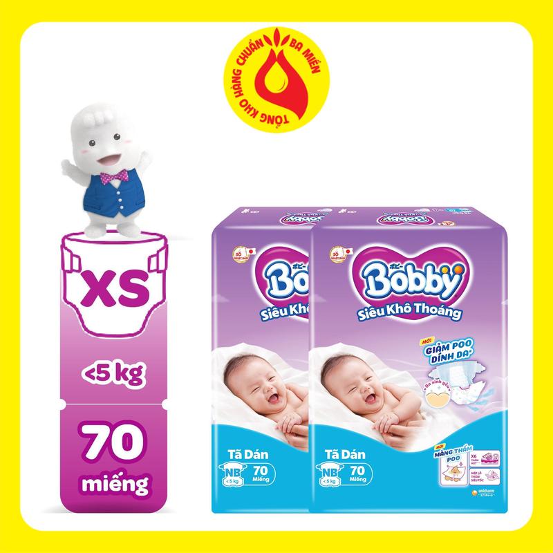 COMBO 2 Bobby Tã dán XS70 Siêu khô thoáng lõi nén cotton soft cho bé sơ sinh bao bì ngẫu nhiên