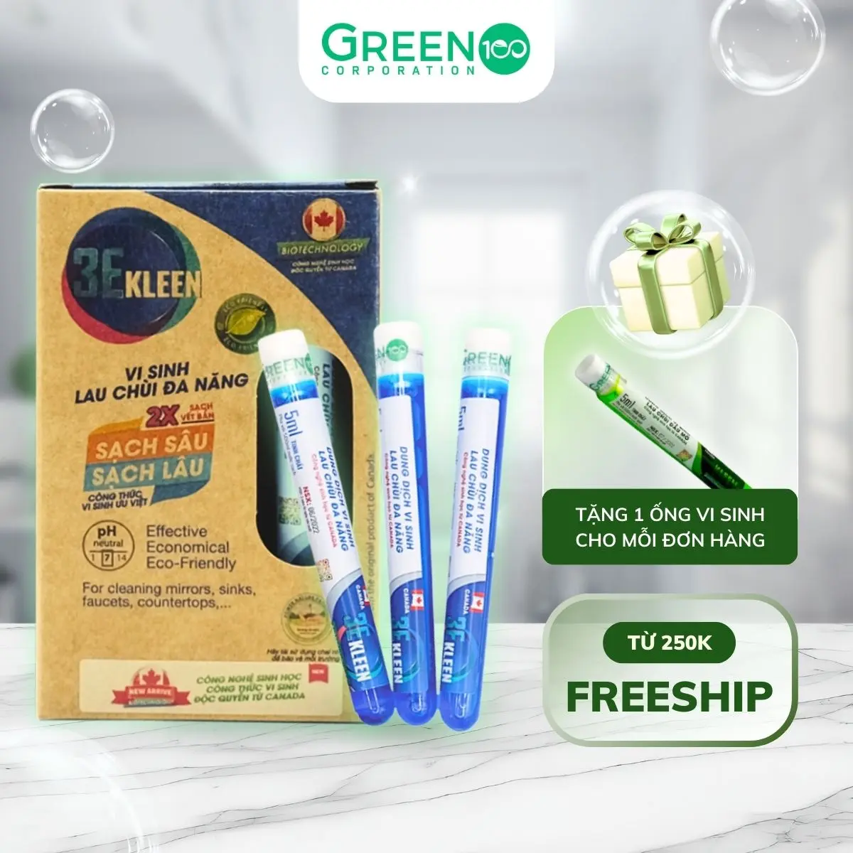 Hộp 3 Ống Dung Dịch Vi Sinh Lau Chùi Đa Năng 3E Kleen Làm Sạch Bề Mặt Gỗ Inox An Toàn Cho Da 5ml