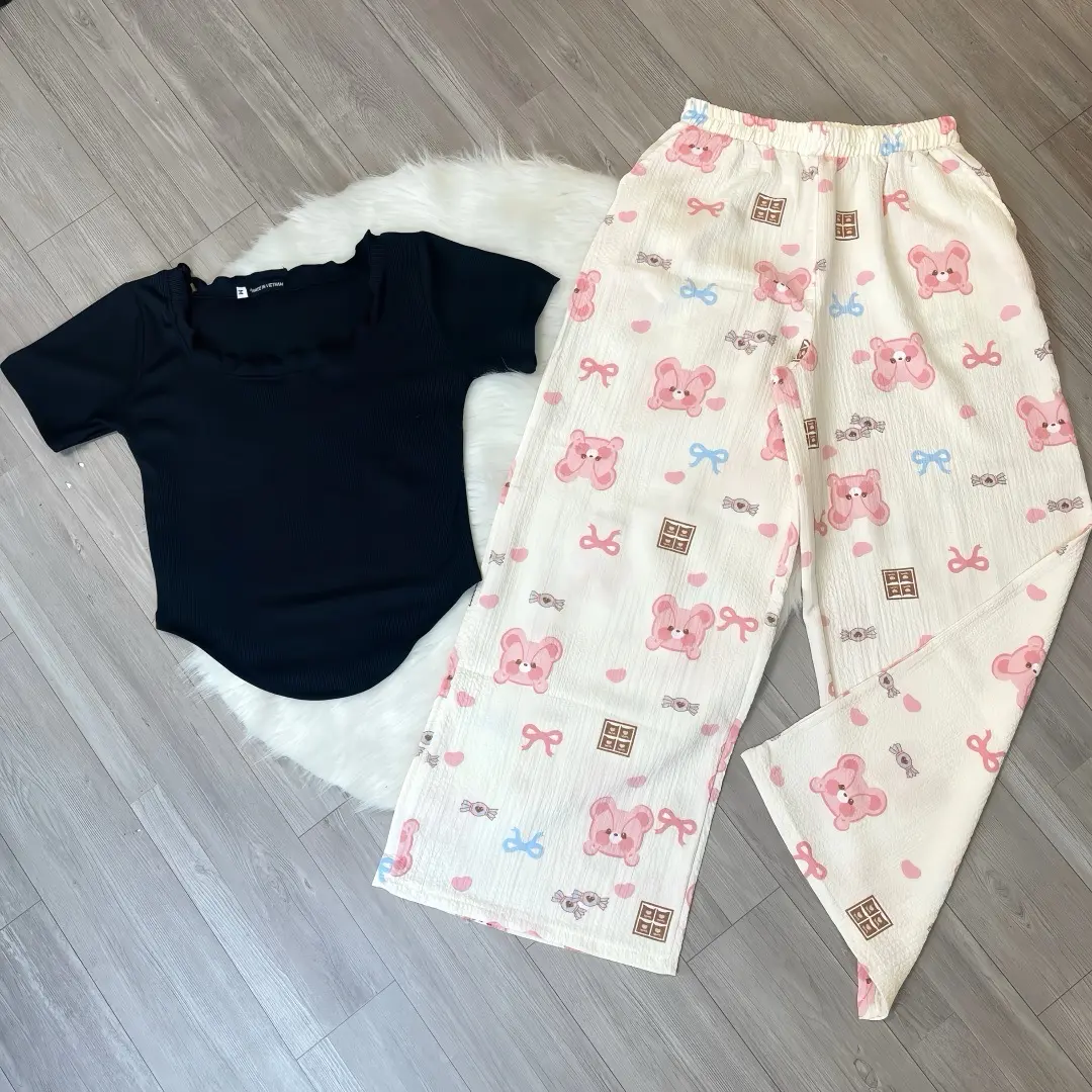 Set Bộ Áo Cổ Vuông Viền Bèo -Quần Ống Suông Nữ Top Women Thun Jacket Ong
