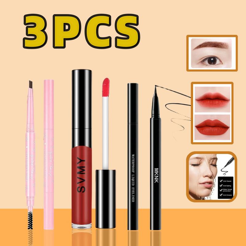 Product Introduction of 3PCS|SVMY Bright Charm Lip Glaze Grapefruit Red Matte eyebrow Pencil Black Eyeliner waterproof Beauty set 37