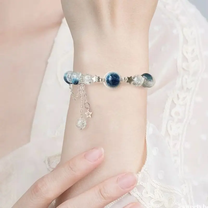 Vòng tay nữ chuỗi thủy tinh xanh lam trong suốt xinh xắn dễ thương