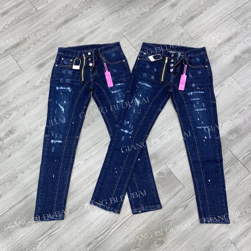 Quần jean xanh D2 màu xanh đậm dập nhăn sau túi cào rách nhẹ khoá lệch biker Pants Menswear Có Túi Nam