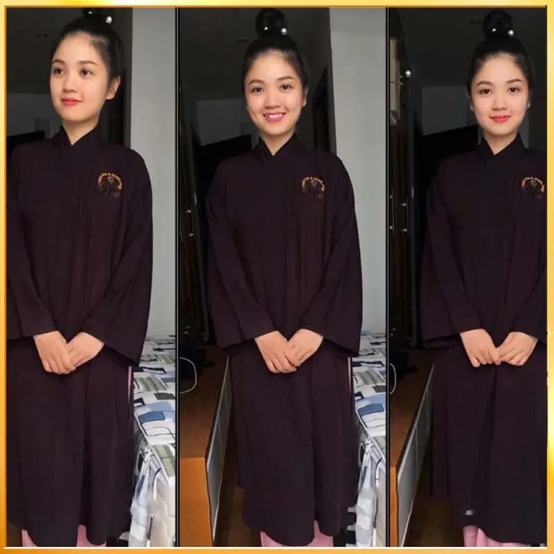 Đồ Lam đi chùa, Áo Tràng Phật Tử Đi Chùa, Áo Đi Lễ Trang Nghiêm Tay Dài Kín Đáo Vải Silk N.A STORE - Áo Tràng Nữ Top Khuy Nâu Women 0