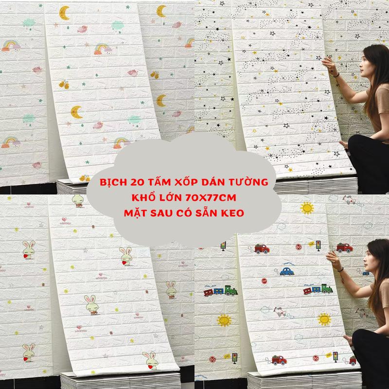  bịch 20 tấm xốp dán tường khổ lớn 70x77cm hoạt hình họa tiết dễ thương mặt sau có sẵn keo miếng dán tường 3d cho bé khổ lớn xopdantuong 