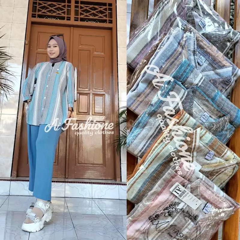 One set wanita terviral bahan airflow motif setelan hijaber kekinian ootd  2023 Cokelat Kombinasi 3