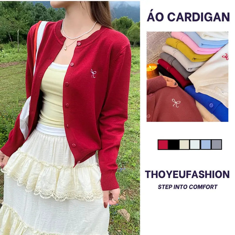 Áo Nữ Cardigan Len Mỏng Vintage Cho Nữ Thêu Nơ Mẫu Mới 2024 - Nhung, Women A413 Top 0