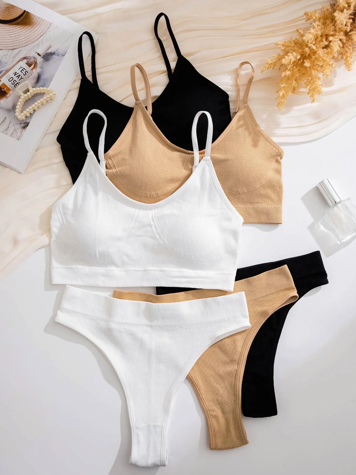 Women's 6pcs Multicolor Plain Wireless Push Up Bra & Panty Set, Casual Adjustable Strap Underwire Bralette & Knicker, Comfortable Lingerie Set for All Seasons
