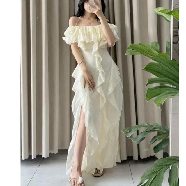 Mèo Mỡ Bigsize — Đầm trễ vai tua rua tay ngắn dáng dài xẻ tà dáng dài bigsize 55-90kg hè đi biển Voan Nữ Dress Women Váy Maxi nưz