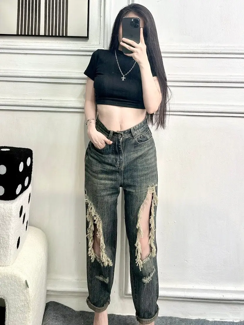 [LSN]Quần Jean Baggy Nữ Rách Hai Dài Hai Bên/Lê Sĩ Ngoan