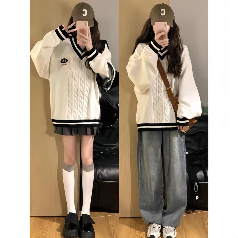 HÀNG QC Áo len kiểu nữ chất lông thỏ tag chữ cổ V màu kem xinh thu đông Hàn Quốc Kozoda Women AL68