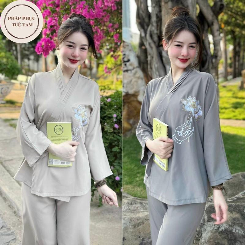 [Mẫu mới] Set đồ lam đi chùa nữ thêu hoa sen lụa mềm mịn thanh lịch, bộ đi lễ chùa phật tử vạt chéo cách tân- Tuệ Tâm Áo Top Women Kem Nhung