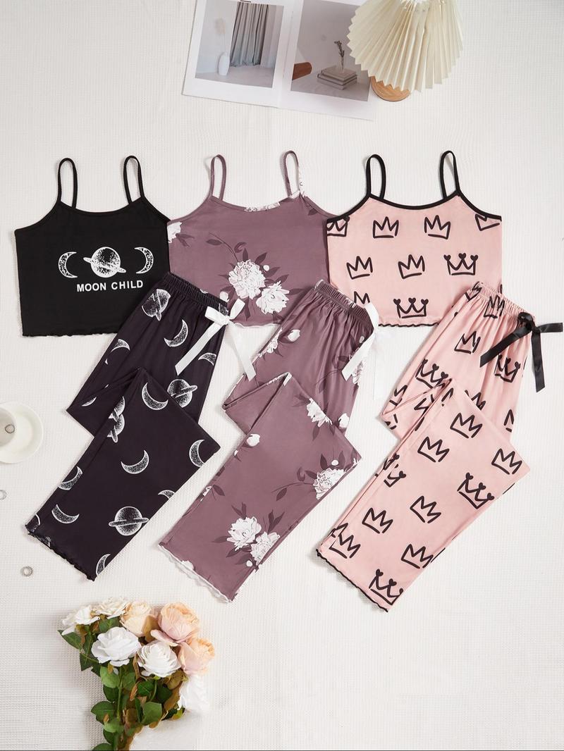 Product Introduction of Women's Graphic Print Cami Top & Pants Pyjama Set, Casual Comfortable Loungewear Set for Women, Comfy Loungewear Set for Daily Home Wear 1
