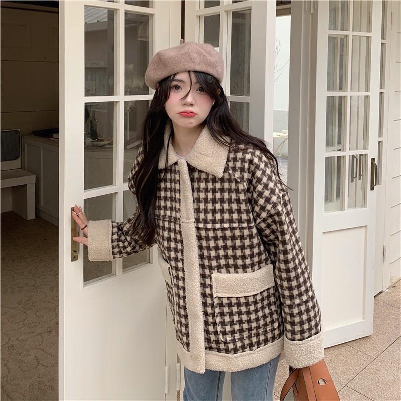 Áo khoác dạ phối lông cừu Forgirlstudio họa tiết caro dáng rộng khóa kéo phối túi phong cách Hàn Quốc T013 aokhoac dep 2024 Women Top Kem Jacket