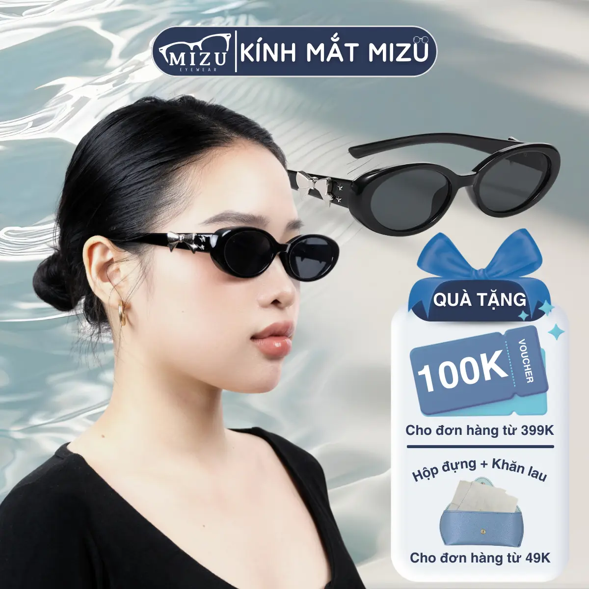 Kính Râm Nữ MIZUEYEWEAR Gọng Oval Nhỏ Xinh Đính Nơ, Phong Cách Nhẹ Nhàng, Kính Mát Chống Tia UV Thời Trang - "Vy"