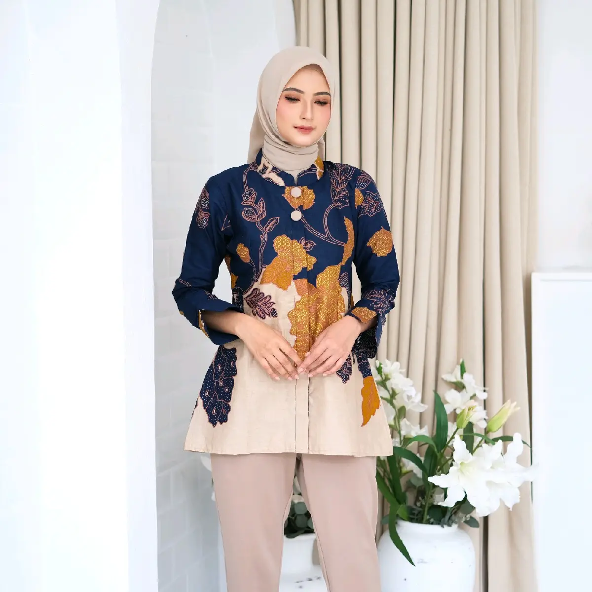 Batik Katun Kerja Wanita  Baju Batik Wanita Batik Modern Wanita Kancing Depan Blouse 2in1 Motif Mawar lenganPanjang Atasan Dress Muslim