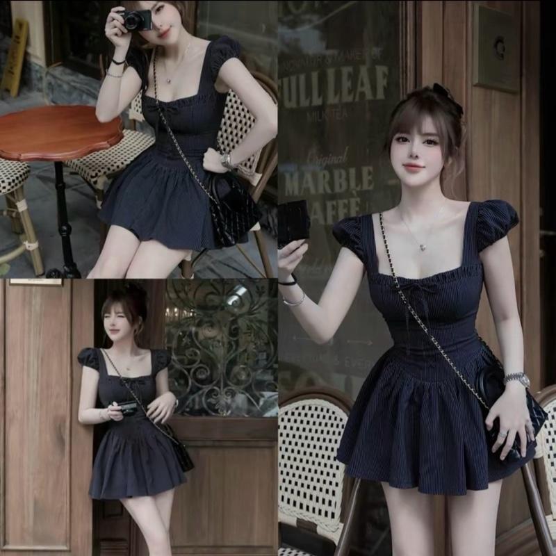 Đầm Cổ Vuông Xinh Kẻ Nơ Tay Bồng Váy Xếp Li Nữ 1