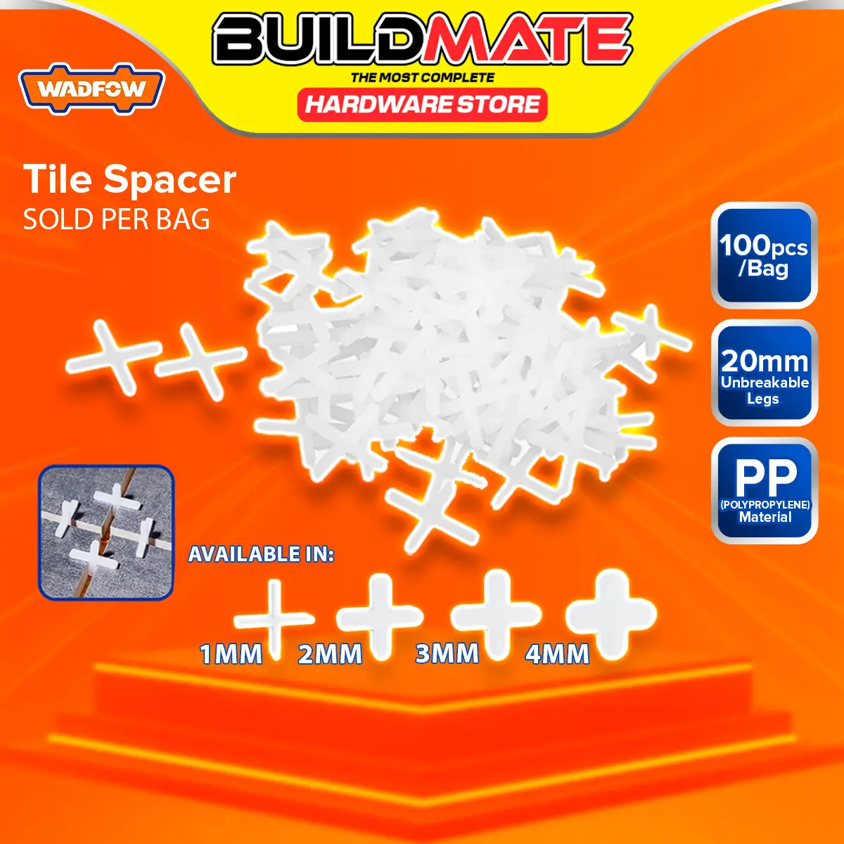 BUILDMATE Wadfow 100PCS/BAG Tile Spacer 1mm-4mm Grout Line Tiling Gap Spacing Cross Spacers Leveling Alignment Tile Installation Tool - WHT