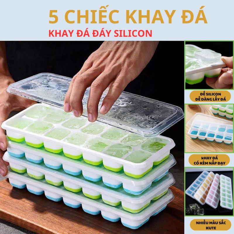 COMBO 5 Khay Làm Đá Silicon 14 Viên Có Nắp Đậy - Khuôn Làm Đá Tủ Lạnh Bảo Quản Chống Mùi GIA DỤNG HLT