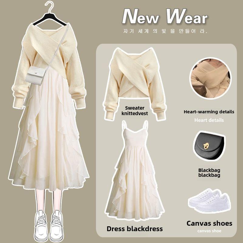 Product Introduction of Plus Size Wear a Whole Suit Women's Autumn and Winter New Knitwear Slimming Easy Matching Sling Dress Two-Piece Suit Clothing Womenswear Lingerie Comfort Longsleeve Basic Casual Minimalist 6