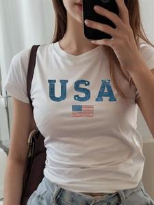 ImprinTee Women's Letter & Flag Print Round Neck Tee, Casual Short Sleeve T-shirt for Daily Holiday Vacation Outdoor Wear, Ladies Summer Clothes