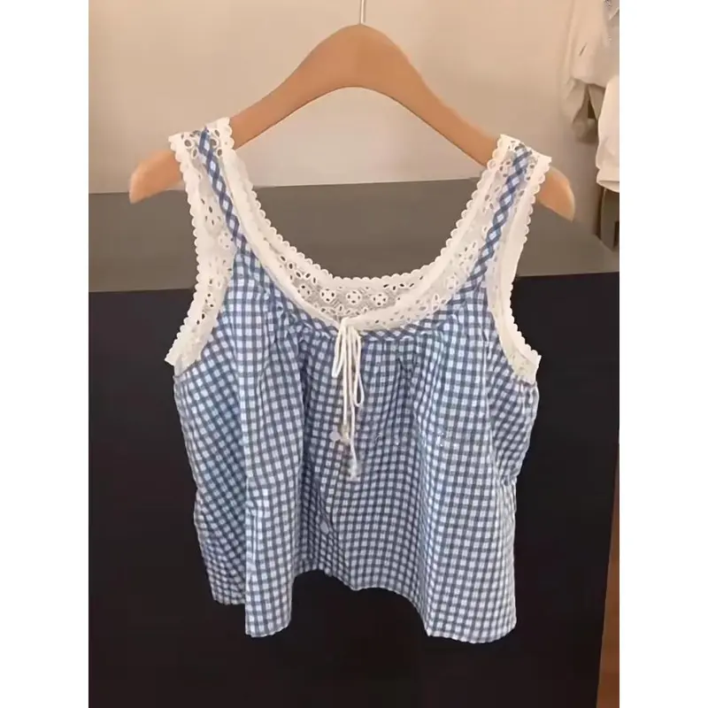 Áo Vest Kẻ Sọc, Phong Cách Pháp, Thiết Kế Kẻ Sọc Tươi Mới Buộc Dây, Khâu Ngọt Ngào, Dễ Phối Đồ, Dáng Rộng Vừa Vặn, Hai Mảnh Giả, Có Dây Đeo 0