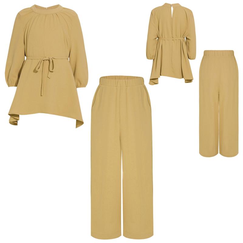 Sholeno Kids Girls Casual Muslim Outfit Round Neck Long Sleeve Loose Ruffled Top with Wide-Leg Pants Belt 2