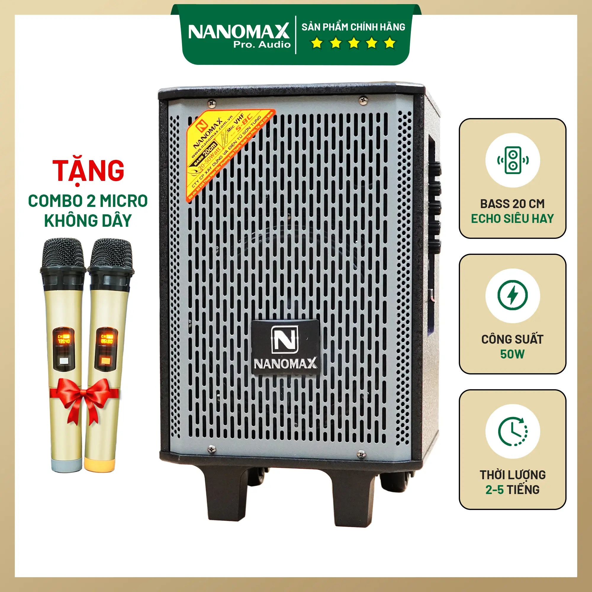 Loa Kéo Karaoke Mini Bluetooth Nanomax S-8C Xám Bass 20cm Công Suất 50w Có Đọc USB Thẻ Nhớ