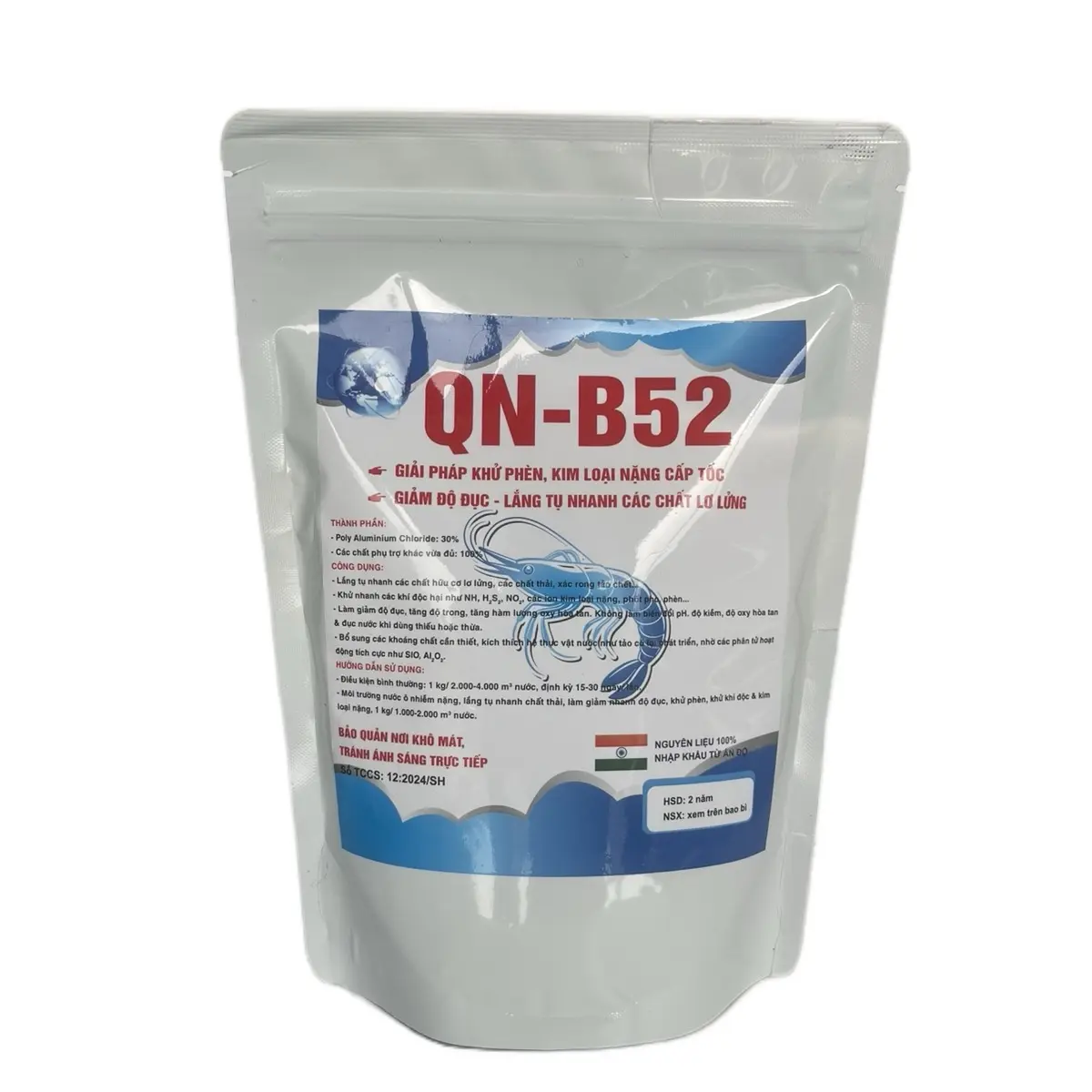 Gói 1kg QN-B52 dùng cho tôm xử lý phèn sắt, phèn nhôm, kim loại nặng, giảm độ đục, lắng tụ nhanh các chất lơ lửng