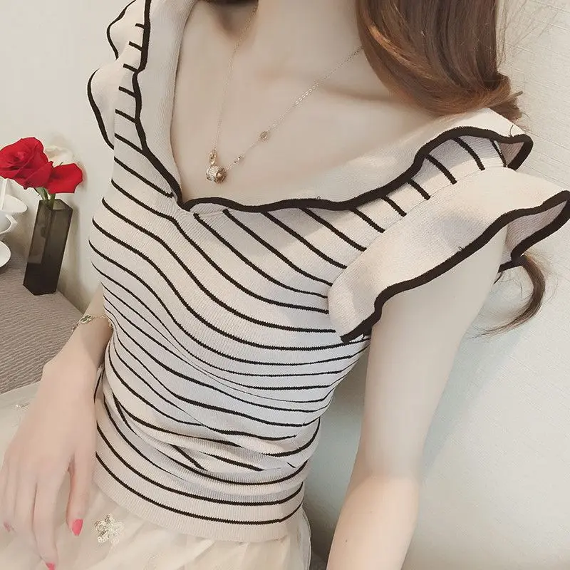 Áo Vest Không Dây Có Cổ Chữ V Cho Nữ, Áo Dệt Kim Gợi Cảm, Có Bèo Nhún, Sọc, Hở Lưng, Mùa Hè Top Sọc Kẻ Women