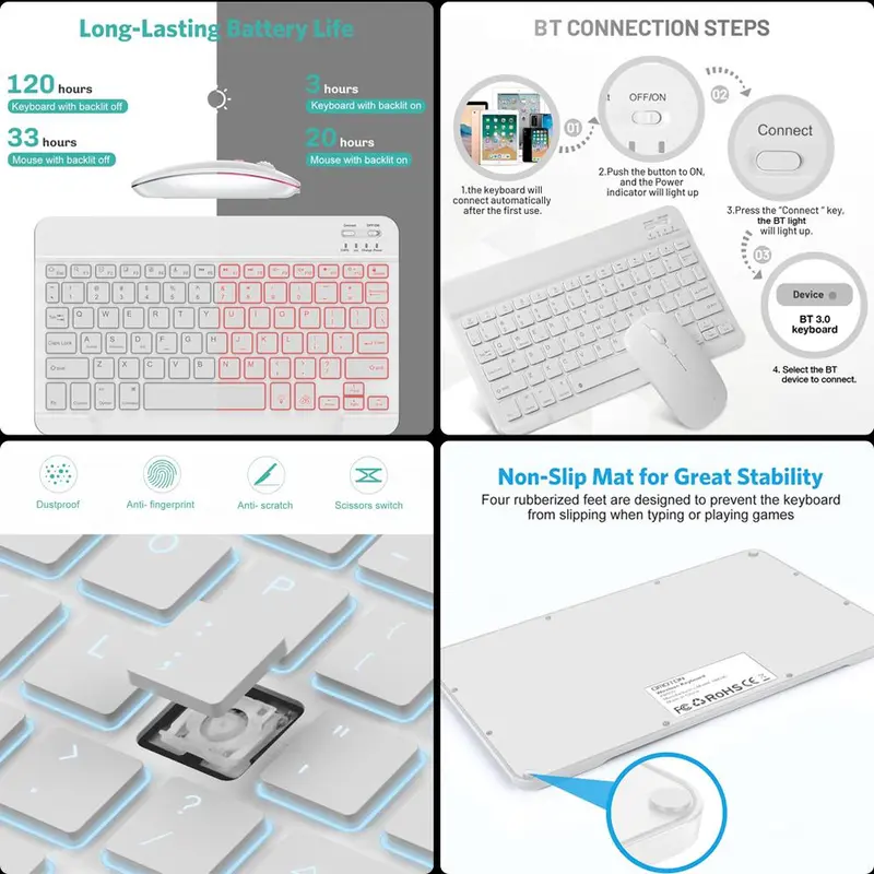 Wireless Keyboard & Mouse Combo, 1 Set Rechargeable Wireless Keyboard & Mouse with 7-color Backlit, Compatible with iPadOS/iOS/Android/Windows 7